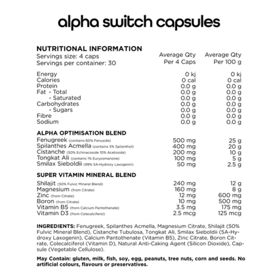 Switch Nutrition Alpha Switch Capsules Nutrition Panel
