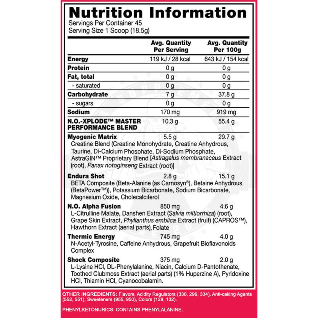 BSN NO Xplode 45srv Nutrition Panel