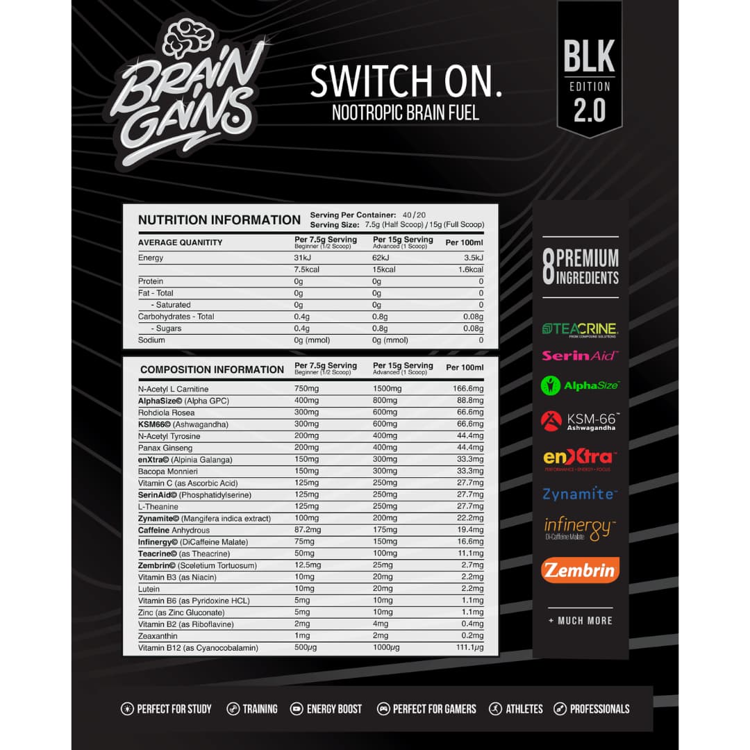 Brain Gains Switch On Black Edition V2 Nutrition Panel