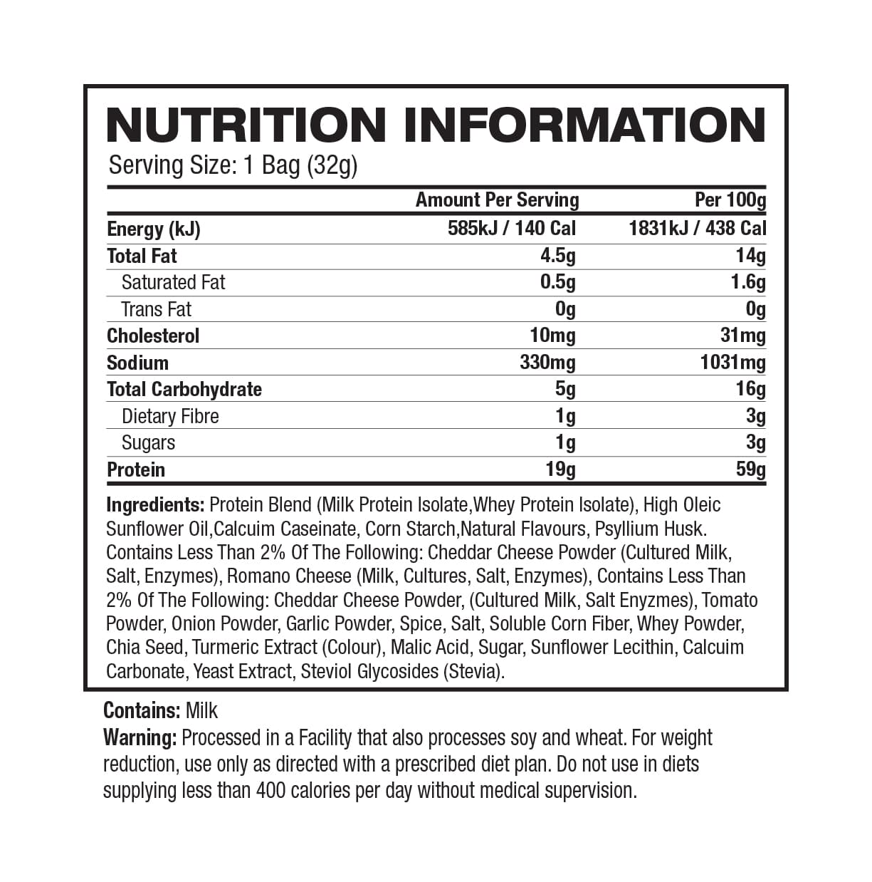 Quest Nutrition Tortilla Style Protein Chips Nutrition Panel