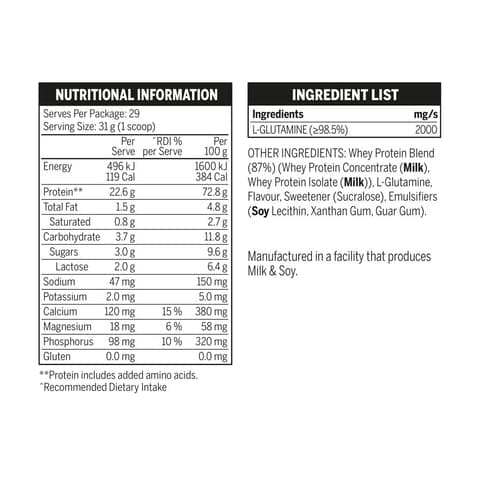 Emrald Labs 100% Whey Protein Nutrition Panel