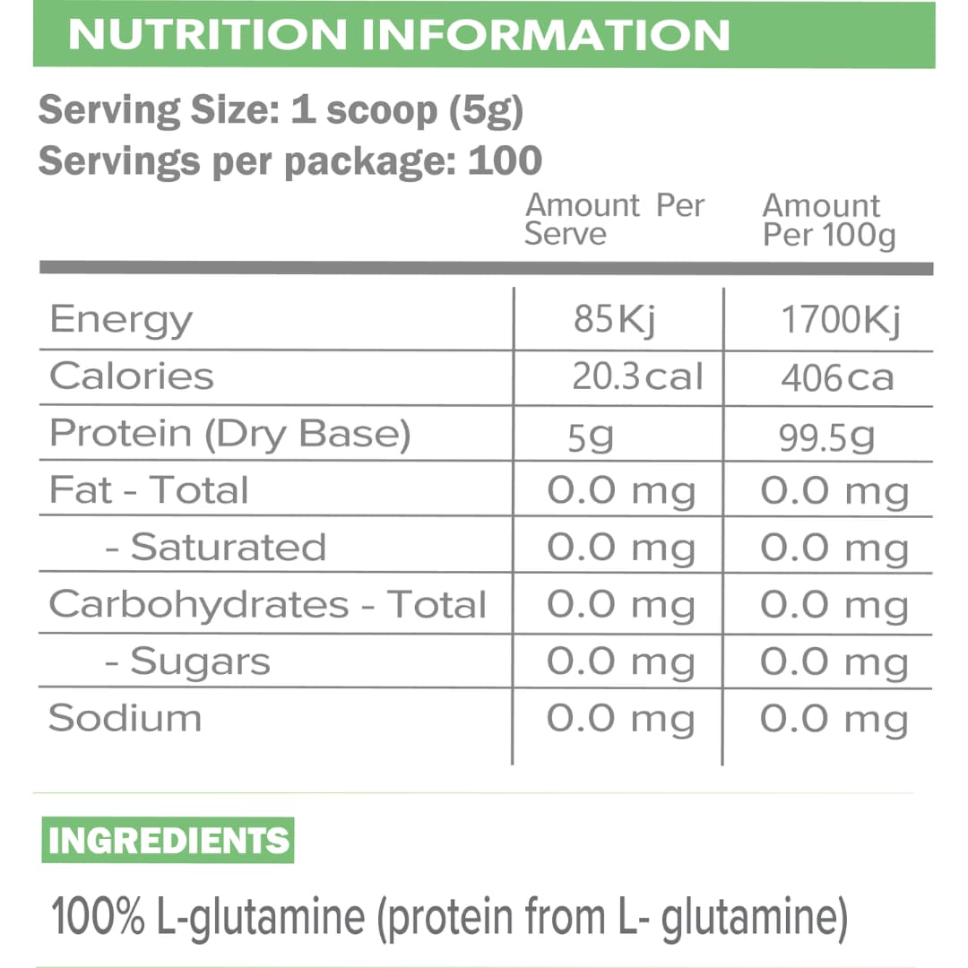 Primabolics L-Glutamine 500g Nutrition Panel