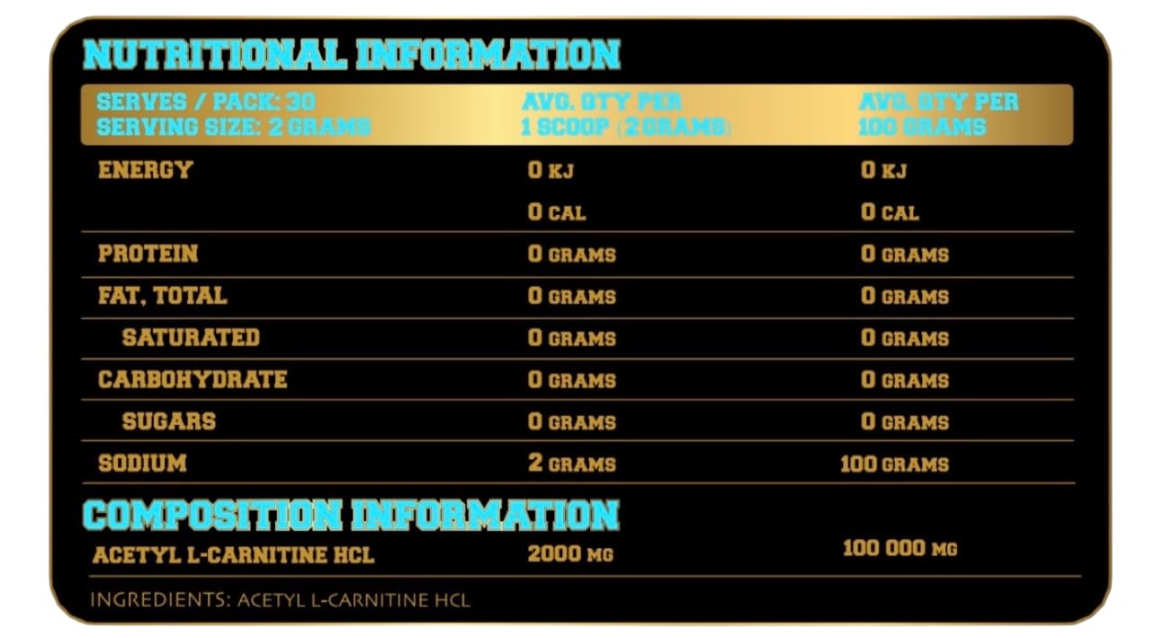 The X Athletics Transparent Supplements - Acetyl L-Carnitine Nutrition Panel